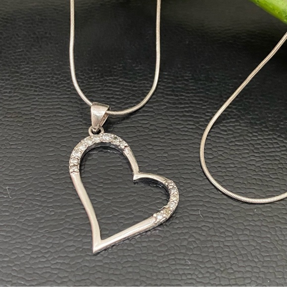 Vintage Signed 925 Italy Sterling Silver Open Heart CZ Pendant Necklace 6.4g - Picture 2 of 16